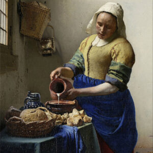 Print op hout, Het Melkmeisje geschilderd door Johannes Vermeer